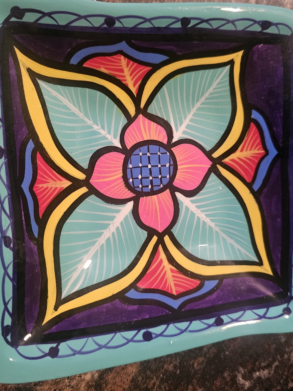 Hand-Painted Floral Wall Tile in Teal, Pink and Purple